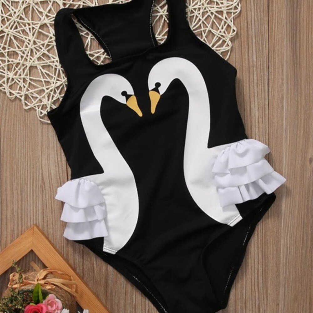 3T Black & White Swan 1-Piece Girl Swimwear NWT